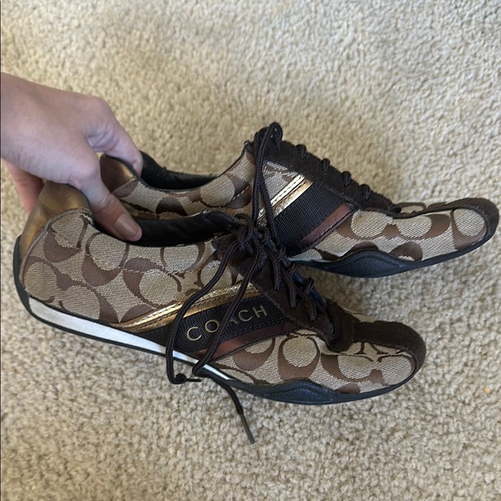 Coach Brown and Gold Signature Sneakers with Monogram Design